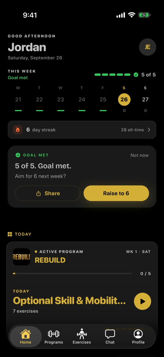 Home screen with this week's training days, a met weekly goal, a streak and today's workout