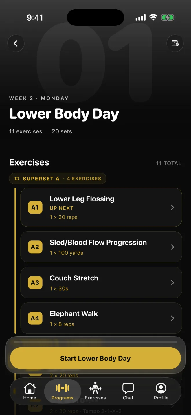 A workout day laid out as supersets, with every exercise, set and rep