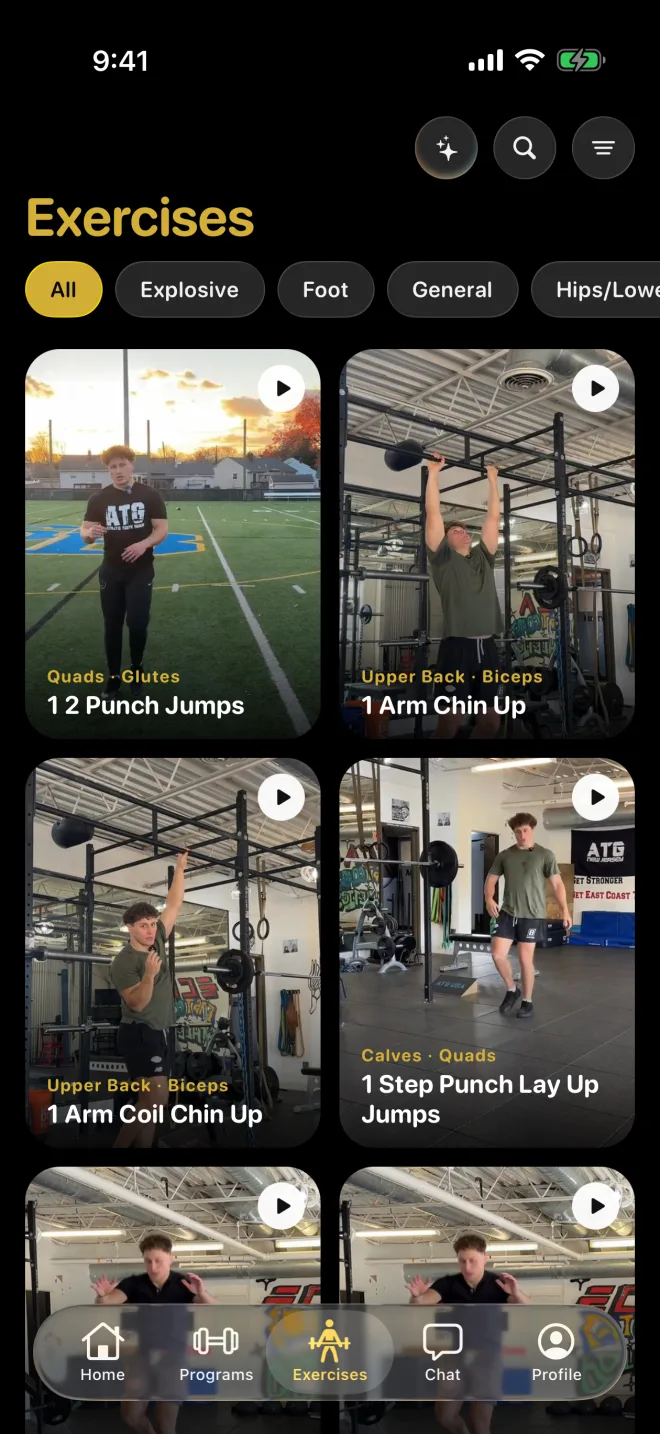 The exercise library as a grid of coach videos, filterable by body area