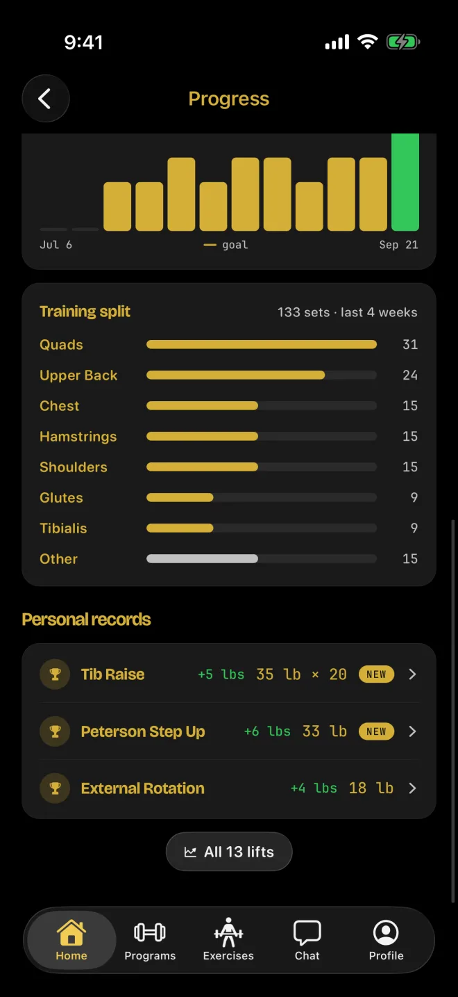 Progress: weekly training bars, the muscle split and new personal records
